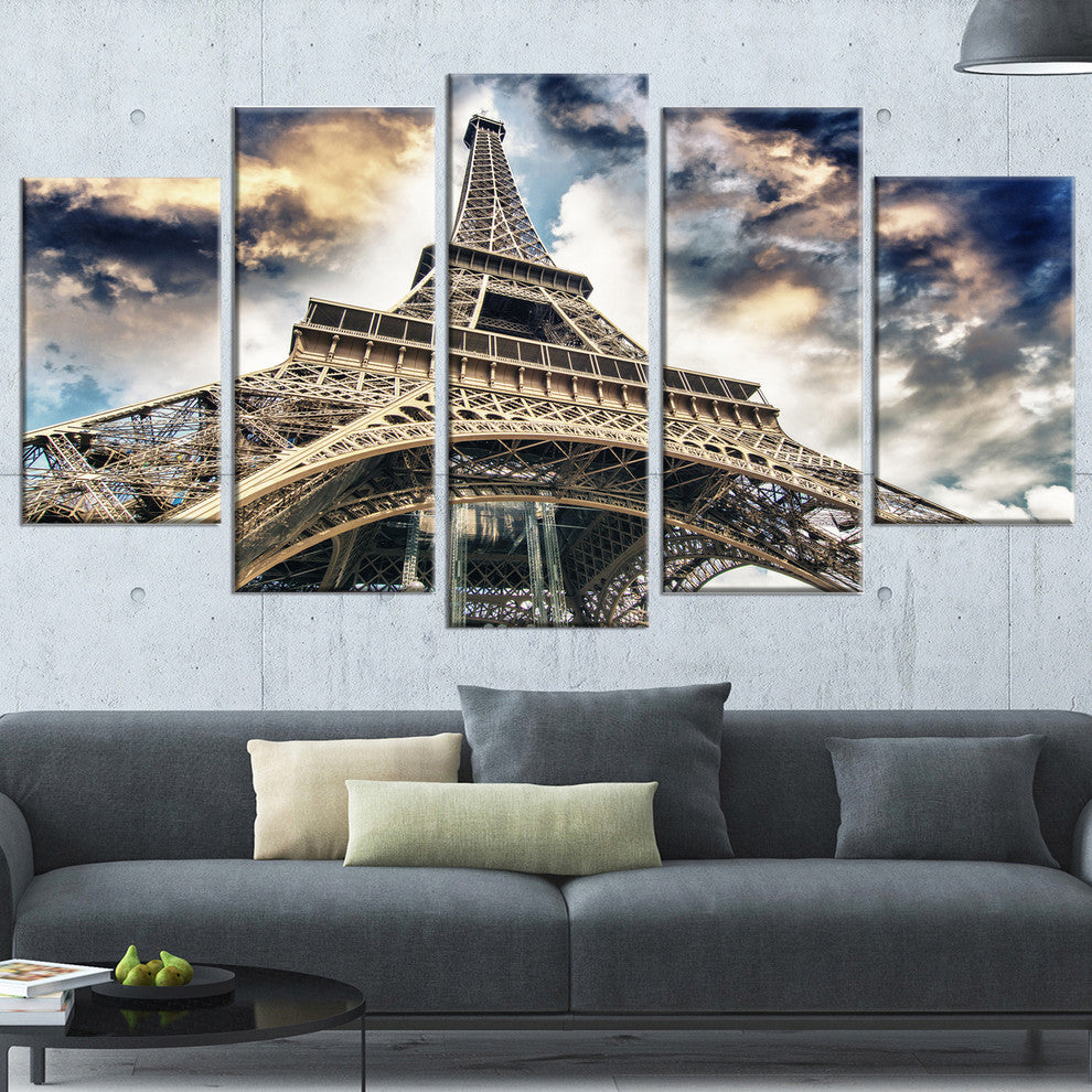 "The Paris Eiffel Tower View From Ground" Cityscape Wall Art, 60"x32", 5-Panels