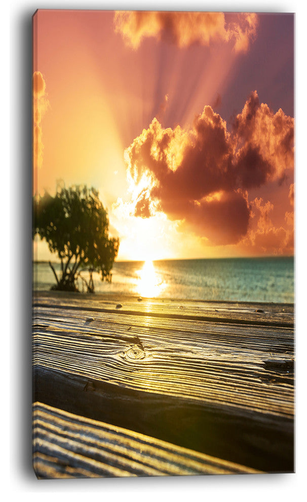 "Boardwalk on Beach Under Cloudy Sky" Modern Landscape Wall Art Canvas, 20"x40"