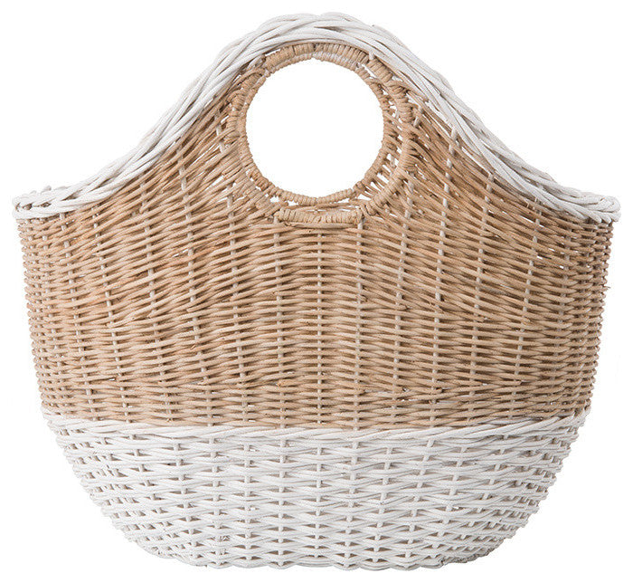 Oval Tote Decorative Wicker Storage Basket, Natural and White