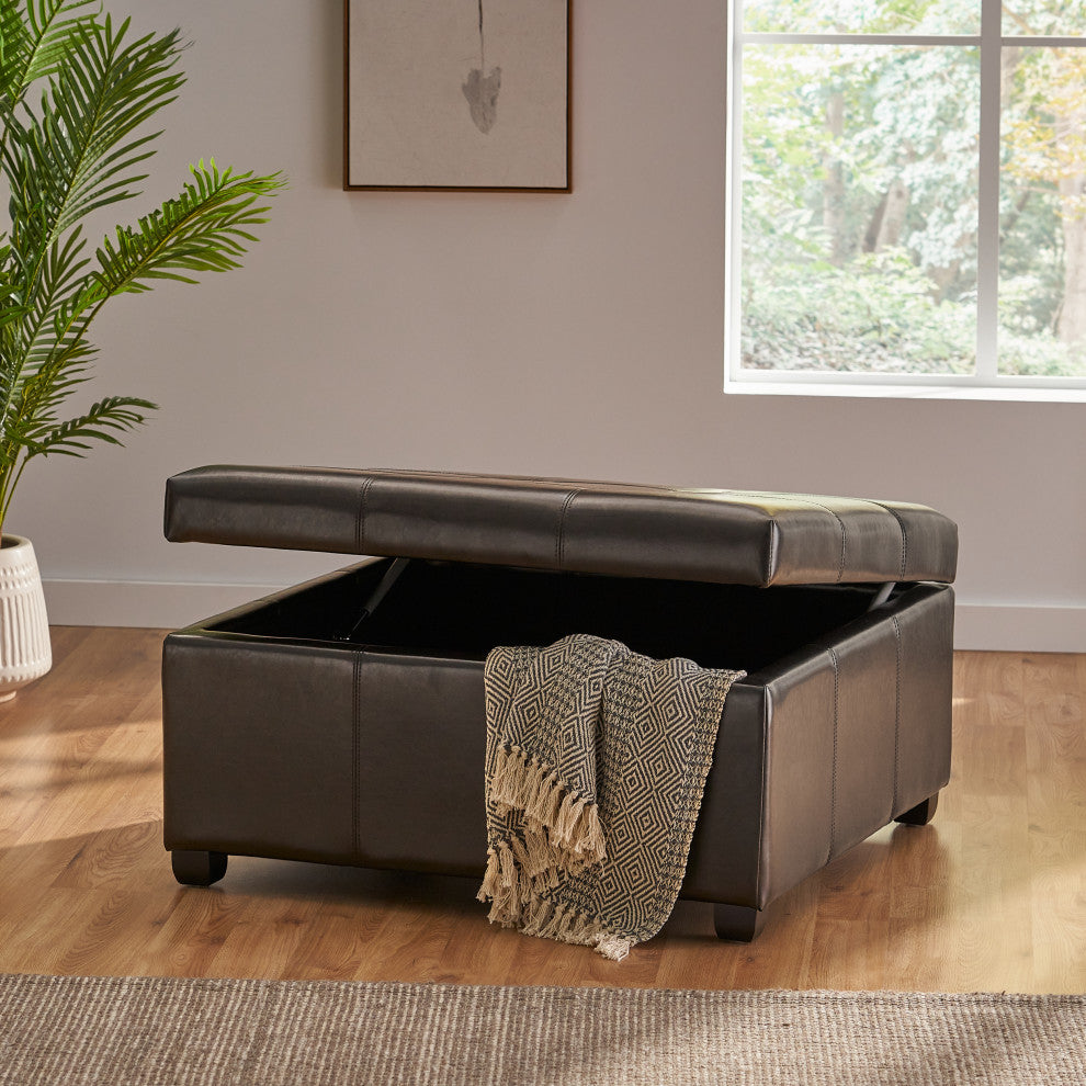 GDF Studio Carlyle Fabric Storage Ottoman, Espresso Leather