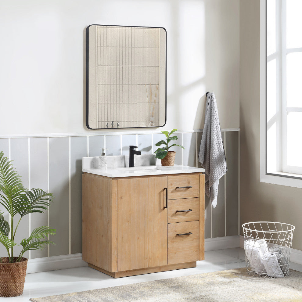San Bath Vanity with Stone Top, Fir Wood Brown, 36", Single Vanity, With Mirror
