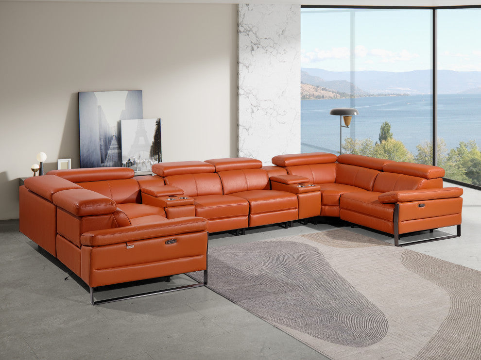 Antonio Italian Leather 8-Piece U-Shaped Power Reclining Sectional, Camel
