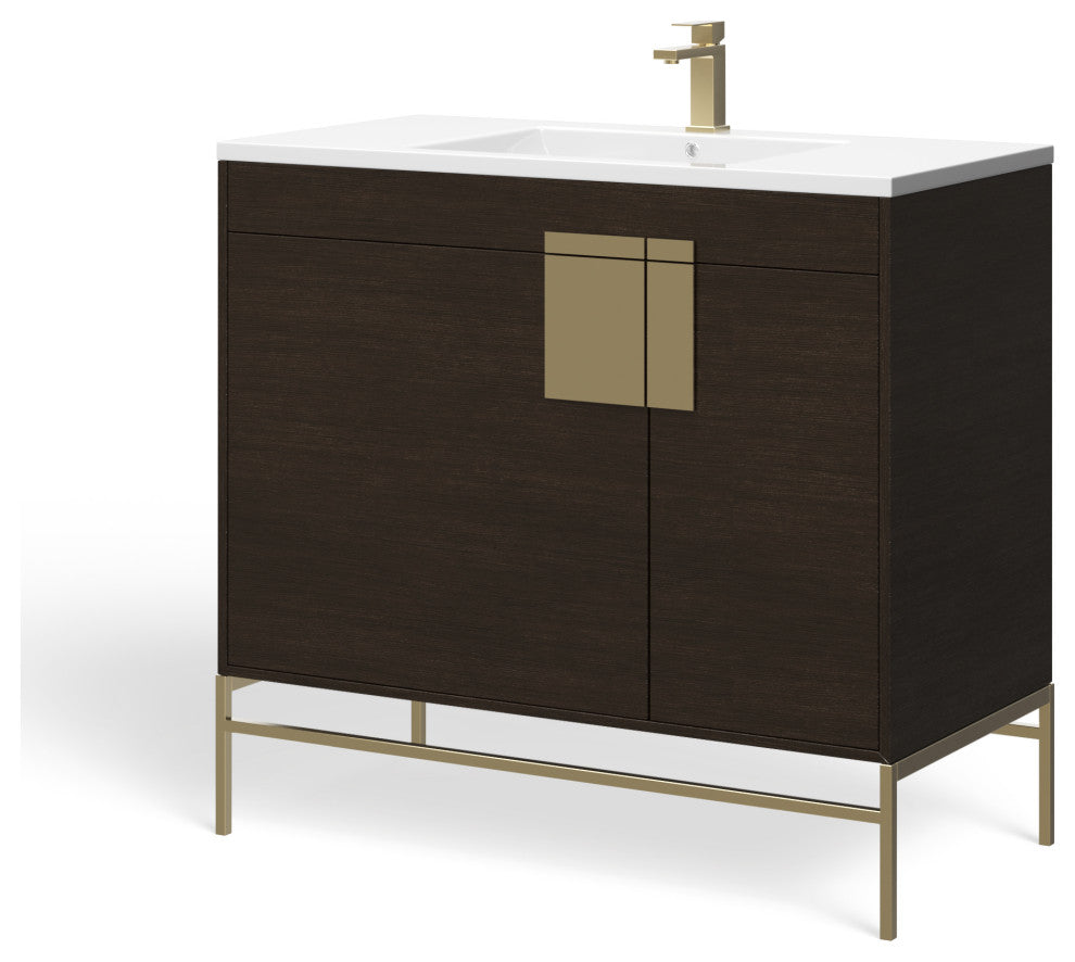 Lockhart Bath Vanity, Black Oak, 36", Satin Brass Hardware, Single Sink, Freestanding