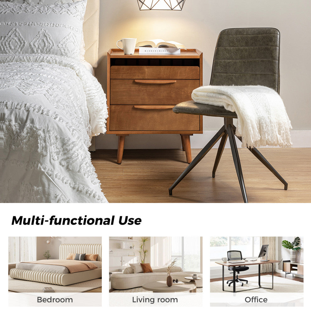 Mid-Century Modern 3-Drawer Nightstand Set With Charging Station, Acorn