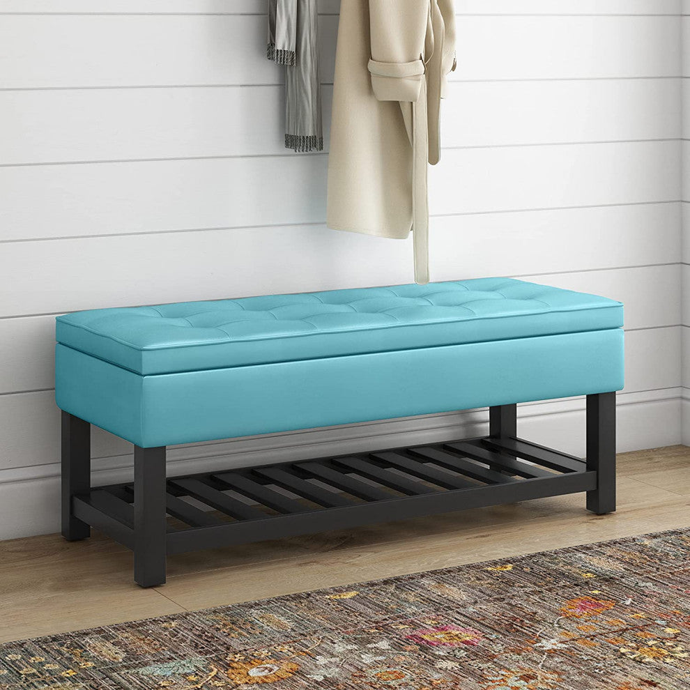 Traditional Rectangle Storage Ottoman Bench with Open Bottom in Soft Blue Faux