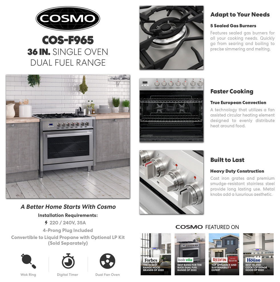 36 in. Stellar Collection 3.8 cu. ft. Dual Fuel Range, 5 Burner, Convection Oven