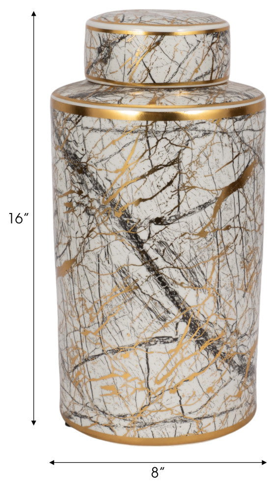 Ceramic 16" Jar With Gold Lid, White