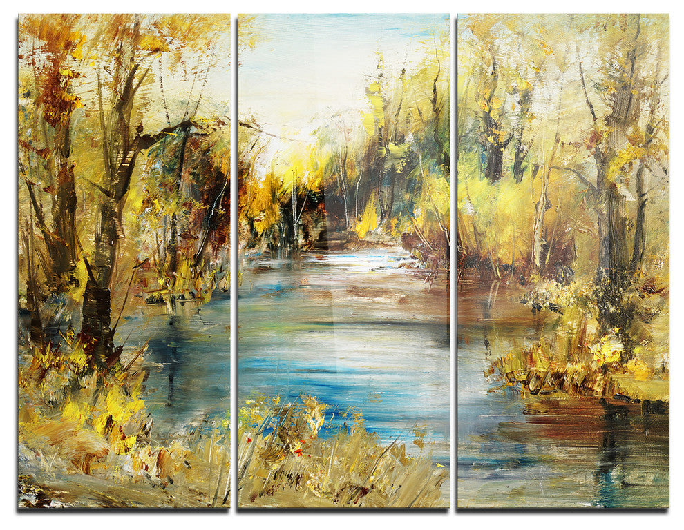 "Lake in Forest Oil Painting" Painting Metal Wall Art, 3 Panels, 36"x28"