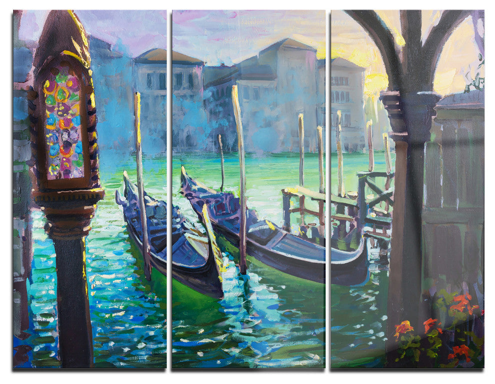 "Gondolas in Venice" Painting Metal Wall Art, 3 Panels, 36"x28"