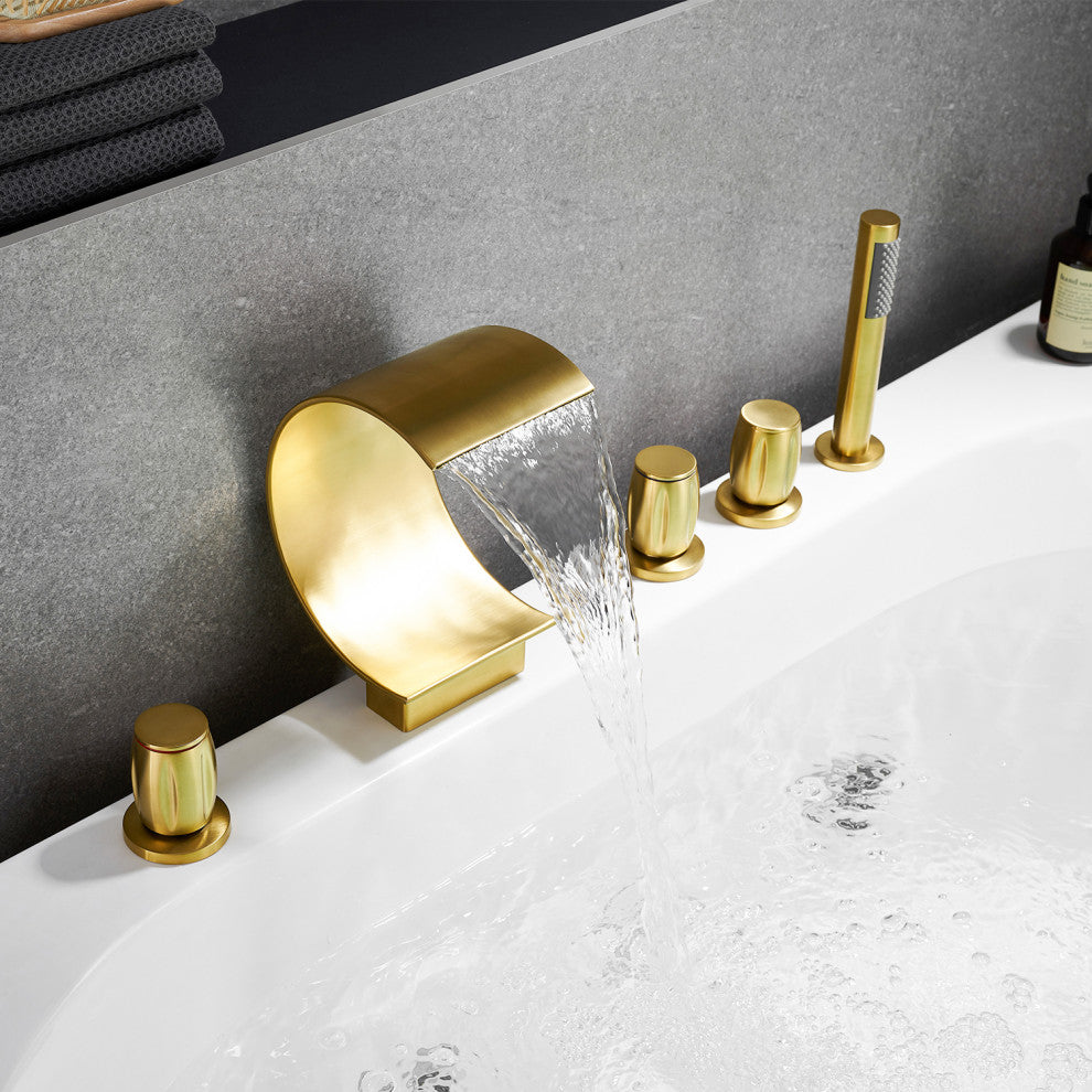 Recea Triple Handle Deck-Mount Roman Tub Faucet With Diverter and Handshower, Brushed Gold