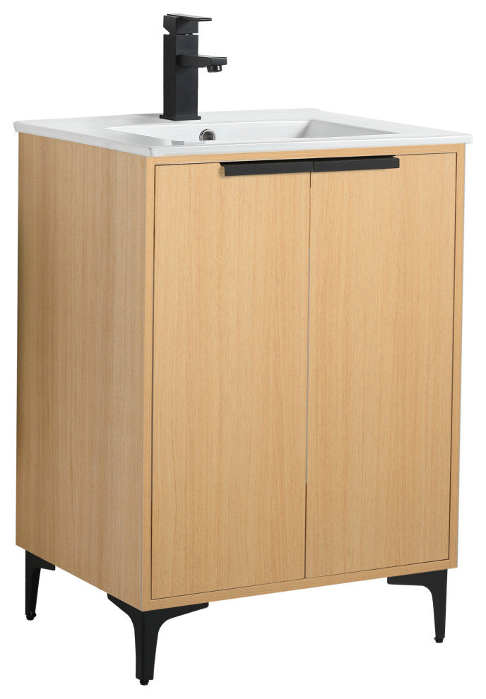 Wilmington Bath Vanity, Natural Oak, 24 Inch, Black Hardware