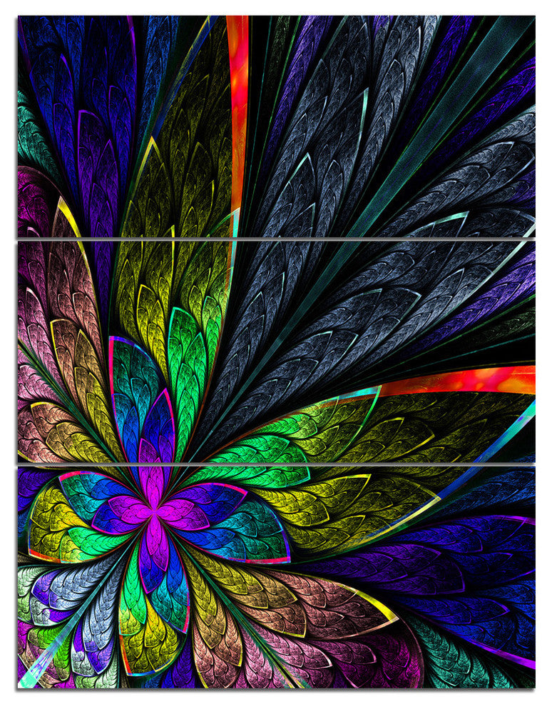 "Multi Color Fractal Flower Pattern" Metal Wall Art, 3 Panels, 28"x36"