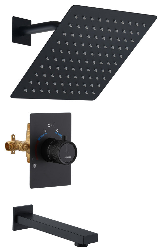 10inch Wall Mount Dual Function Rain Shower System with Tub Spout, Matte Black
