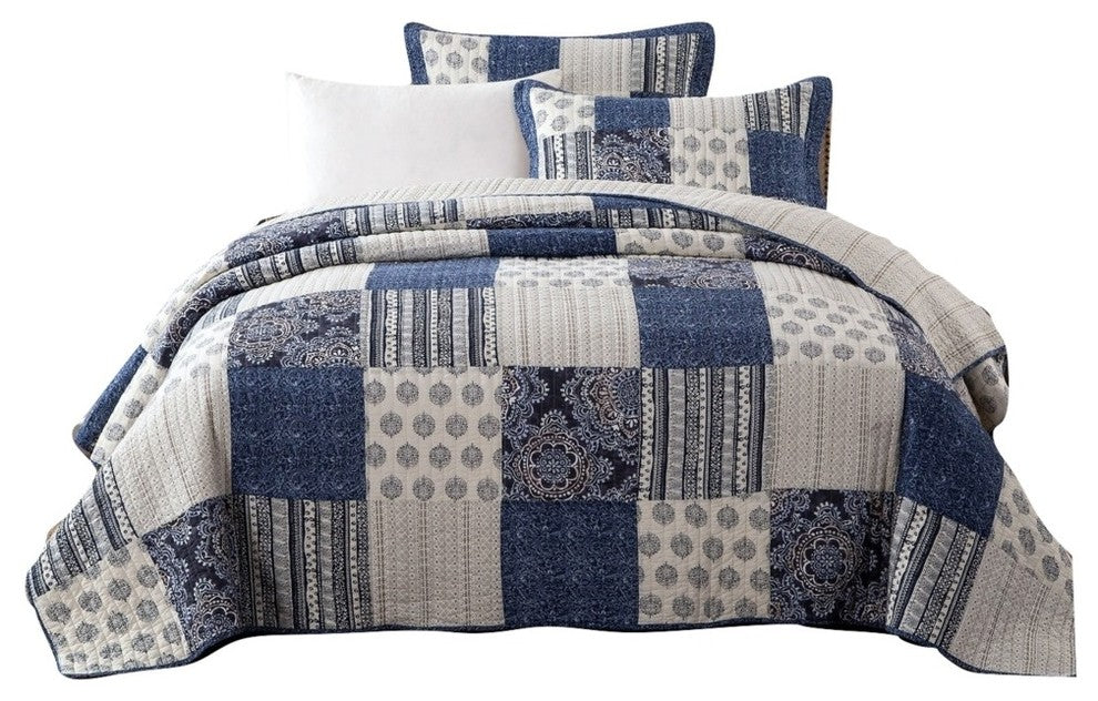 Floral Patchwork, Queenilted Coverlet Bedspread Set, Denim Blue, Twin
