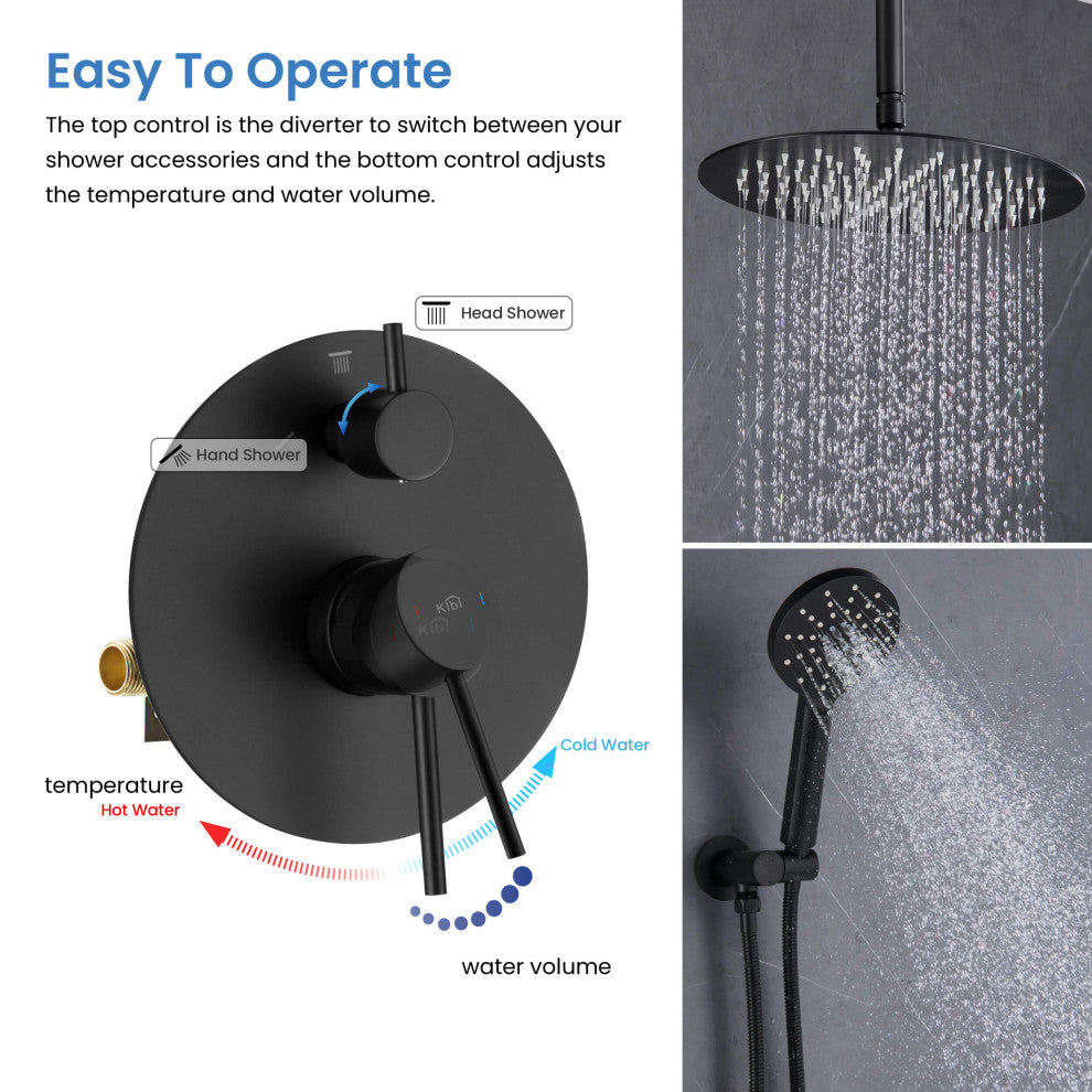 Ceiling Mounted 2-Function Shower System, Rough, Valve, Matte Black