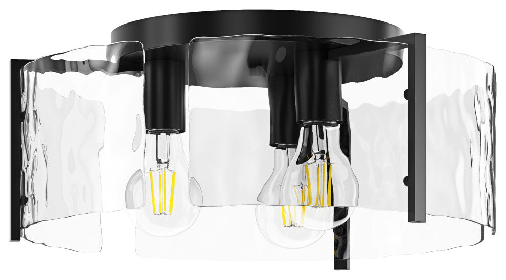 Modern Black Metal Flush Mount Ceiling Light with Curved Water Glass Panels