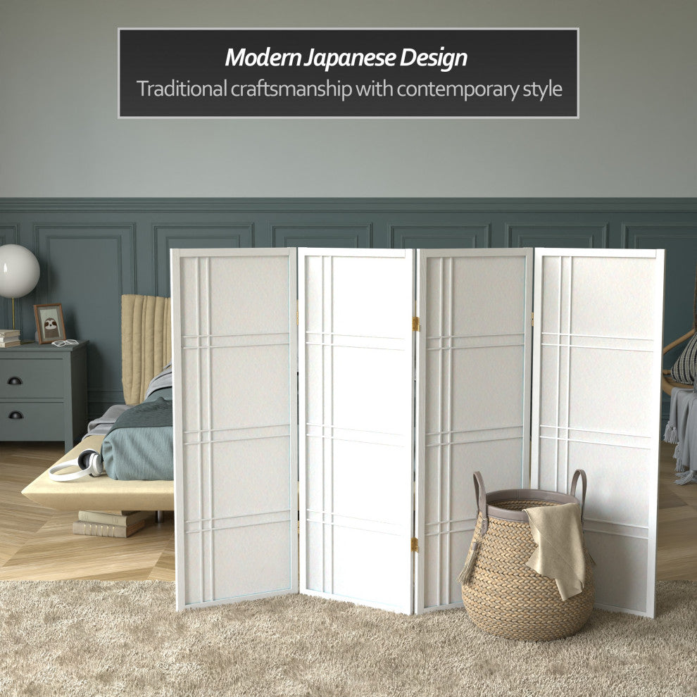 4' Tall Double Cross Shoji Screen, White, 4 Panels