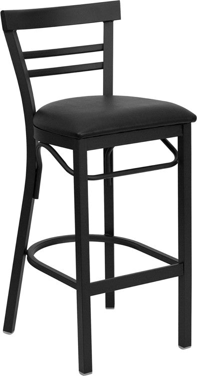 Black Ladder Back Metal Restaurant Barstool, Black Vinyl Seat