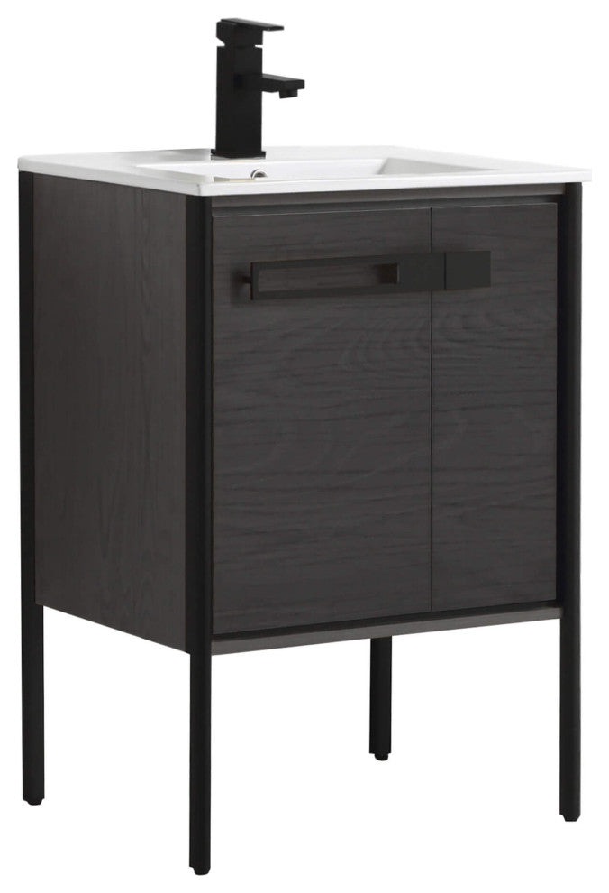 Oakville Bath Vanity, Ceramic Sink, Black Coal Oak, 24 Inch, Black Hardware