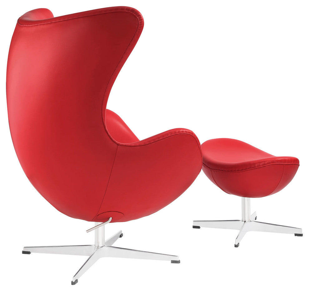Modern Contemporary Living Room Leather Lounge Chair and Ottoman Red