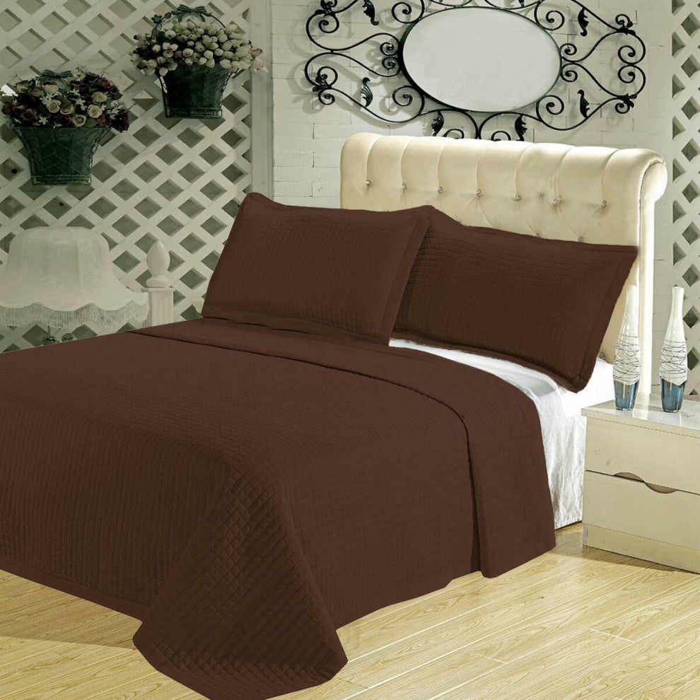 Wrinkle-Free Checkered Quilted Coverlet Set, Chocolate, Full/Queen