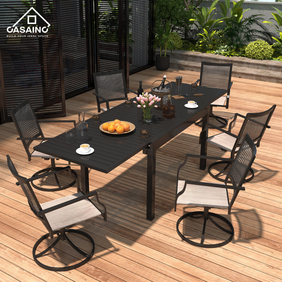 7 Piece Metal Frame Patio Dining Set, Aluminum Extendable Dining Table