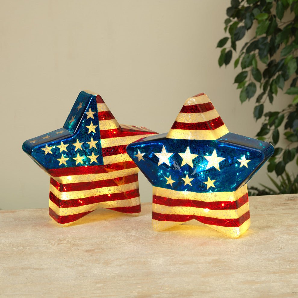 Set of 2 Battery-Operated Mercury Glass Americana Stars With Timer Feature
