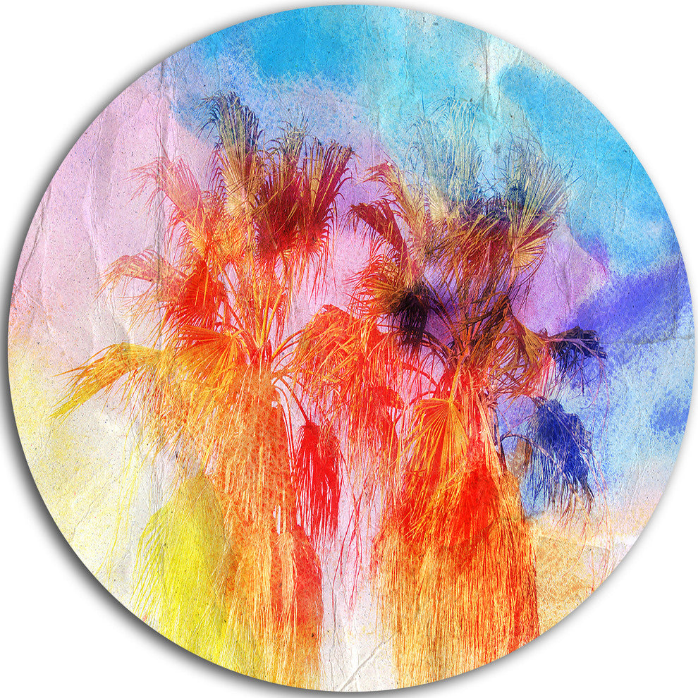 Colorful Retro Palm Trees, Landscape Painting Disc Metal Artwork, 11"