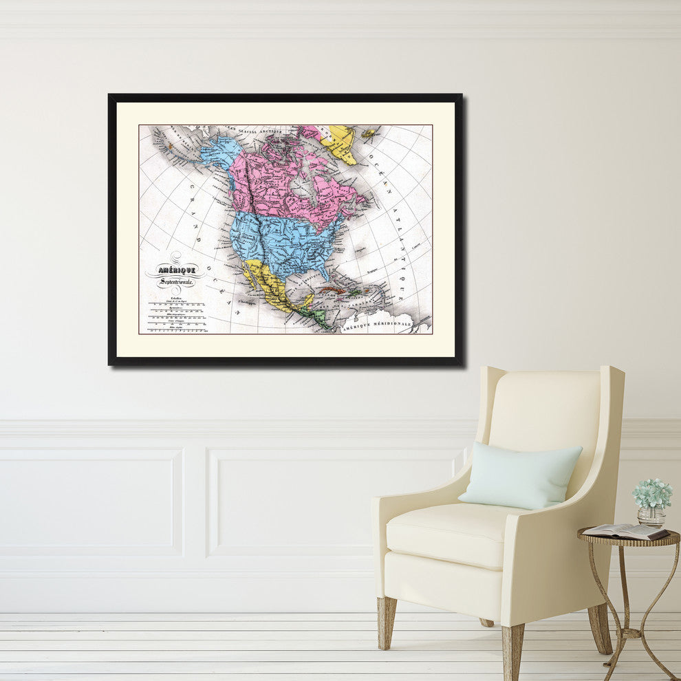 North America Canada Mexico Map Print On Canvas With Picture Frame, 16" X 21"