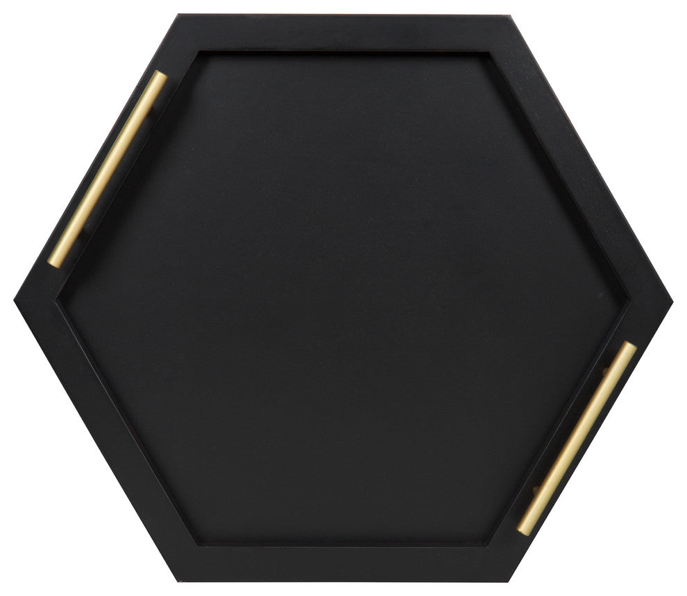 Halsey Hexagon Decorative Wood Tray With Polished Metal Handles, Black