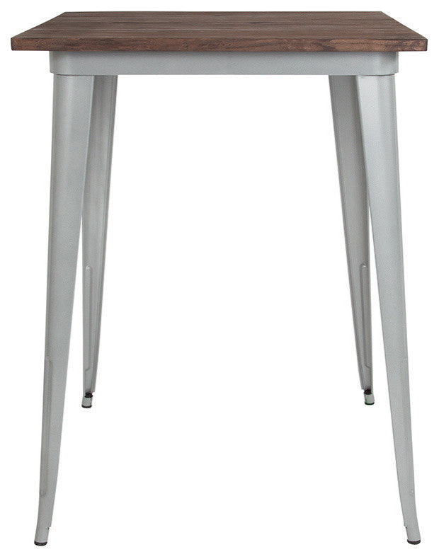31.5" Square Metal Indoor Bar Height Table With Walnut Rustic Wood Top, Silver
