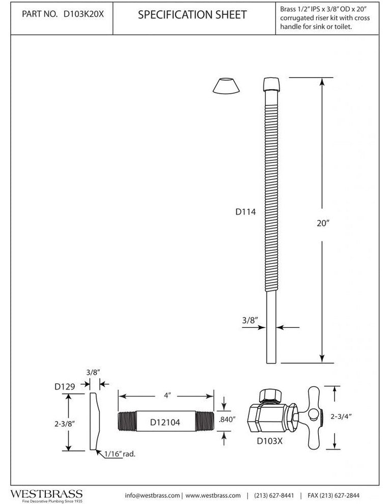 Supply Kit - 1/2" Ips X 3/8" Od X 20" Corrugated In Polished Brass, Polished Brass
