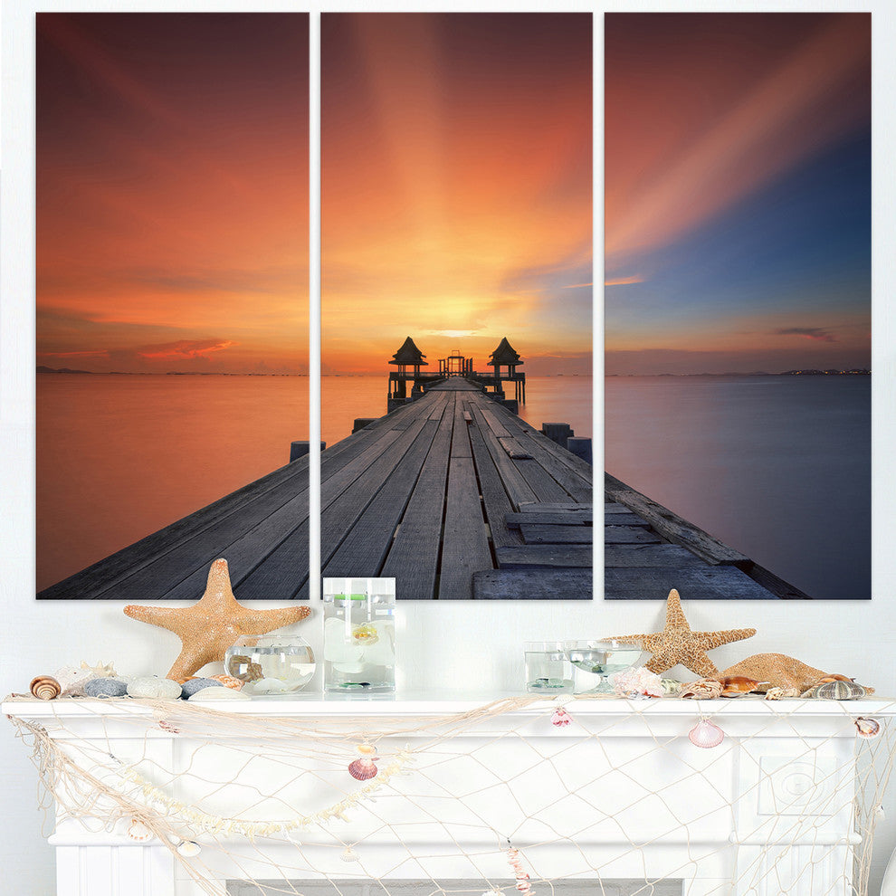 "Wooden Bridge Under Illuminated Sky" Sea Pier Metal Wall Art, 3 Panels, 36"x28"
