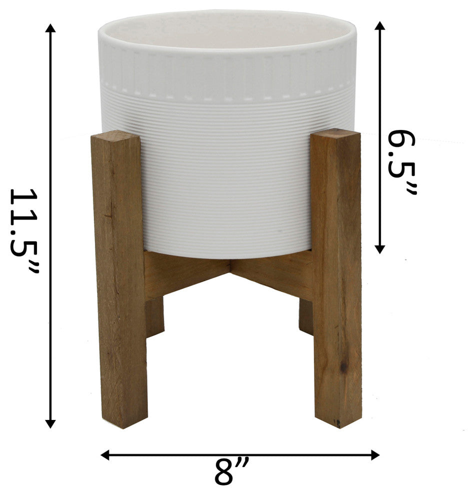 8" Ceramic Dumpling Pot On Wood Stand, Matte White