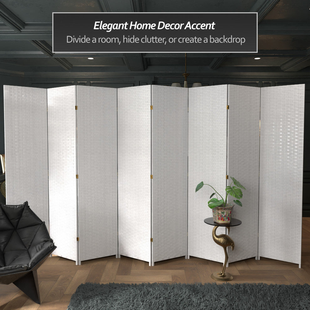 7' Tall Woven Fiber Room Divider, White, 8 Panel