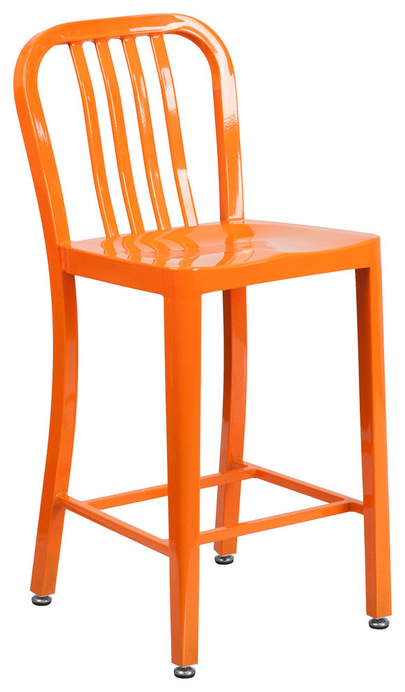 24'' High Orange Metal Indoor-Outdoor Counter Height Stool- Vertical Slat Back