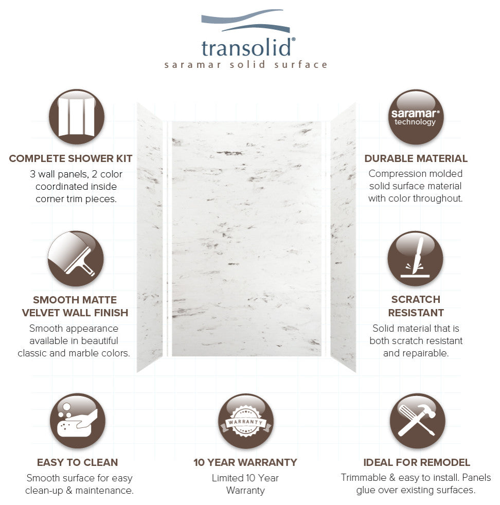 Transolid SaraMar 60"x36"x96" 3-Piece Shower Wall Kit, White Venito Velvet