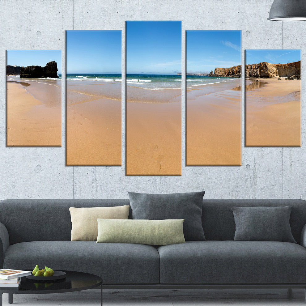 "Calm Sandy Coastline Panorama" Oversized Beach Wall Art, 5 Panels, 60"x32"