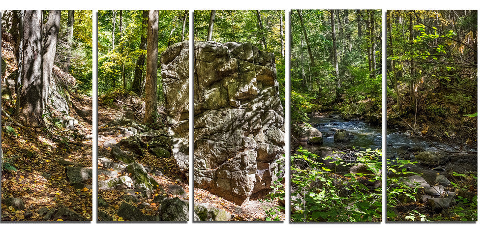 "Huge Rock in Black River Shore" Landscape Wall Art Wall Art, 5 Panels, 60"x28"