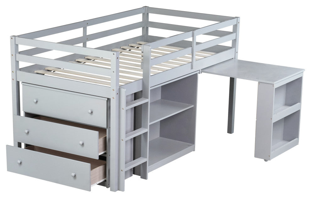GDF Studio Wood Twin Loft Bed With Flexible Storage & Safety Guardrail, Gray