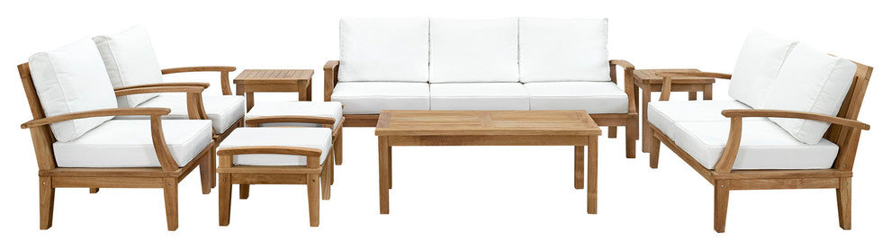 Modern Contemporary 9-Piece Set, Outdoor Patio Teak Sofa Set, White Wood