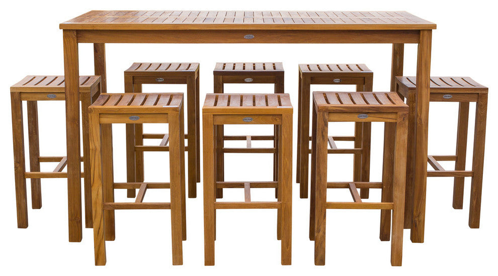9-Piece Teak Wood Santa Monica Patio Bar Set, 71" Bar Table and 8 Barstools