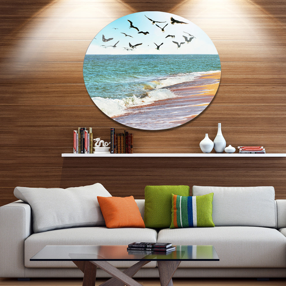Sea Gulls Over The Seashore, Seashore Round Metal Wall Art, 23"