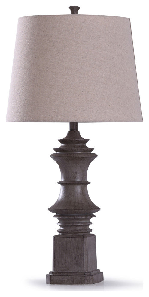 Finn, Baluster Table Lamp, Dark Wood Grain Finish With Tapered Drum Tan Shade