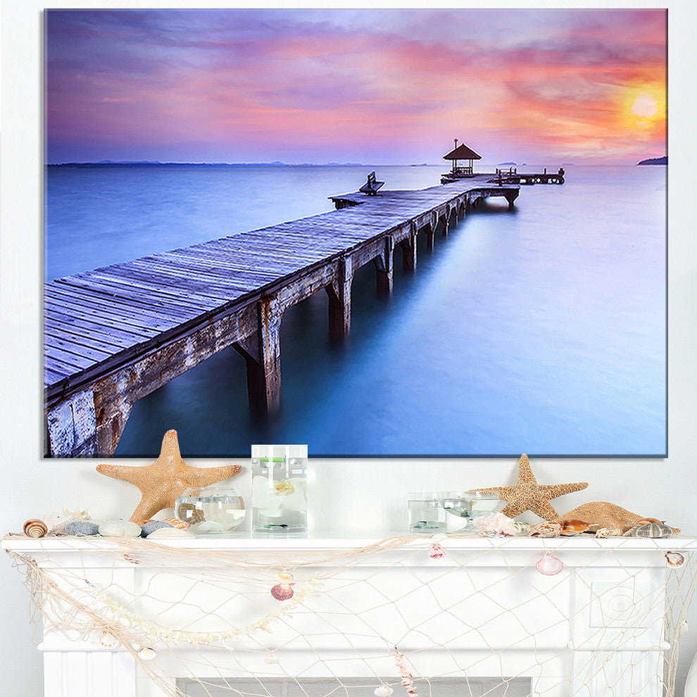 "Wooden Bridge Over Blue Waters" Sea Pier Wall Art Canvas Print, 40"x20"