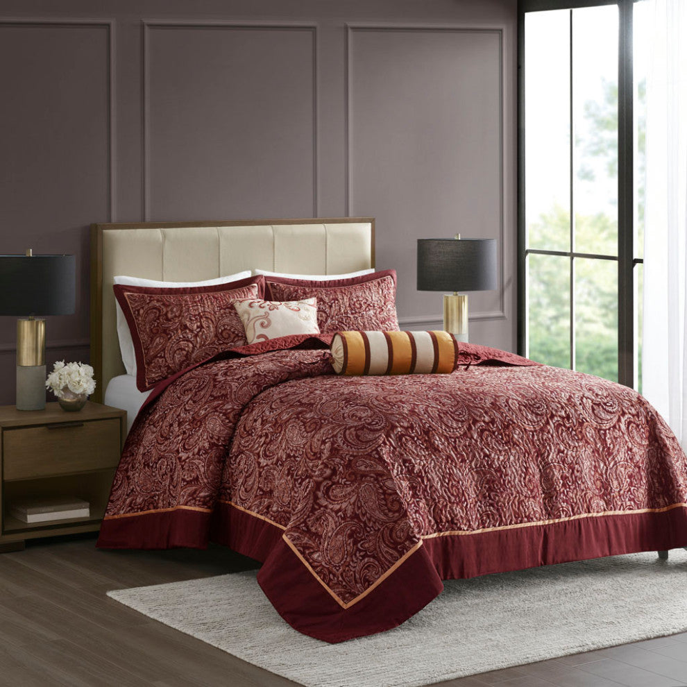 Madison Park Aubrey 5 Piece Reversible Jacquard Bedspread Set, Burgundy