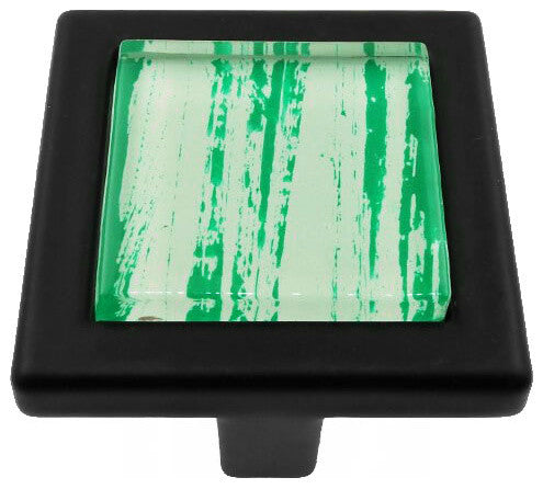 Hand Brushed Green Streaks Crystal Glass Black Metal Square Manor Knob