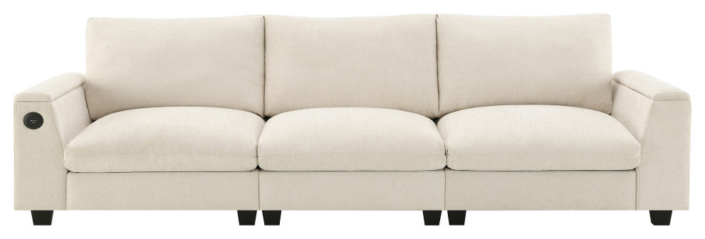 Alice Chenille Sectional Sofa, Bluetooth Speakers & USB Charger, Beige
