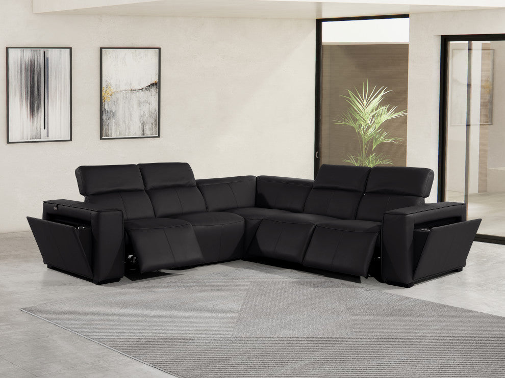 Niccolo Italian Leather 5-Piece L-Shaped Power Reclining Sectional, Black