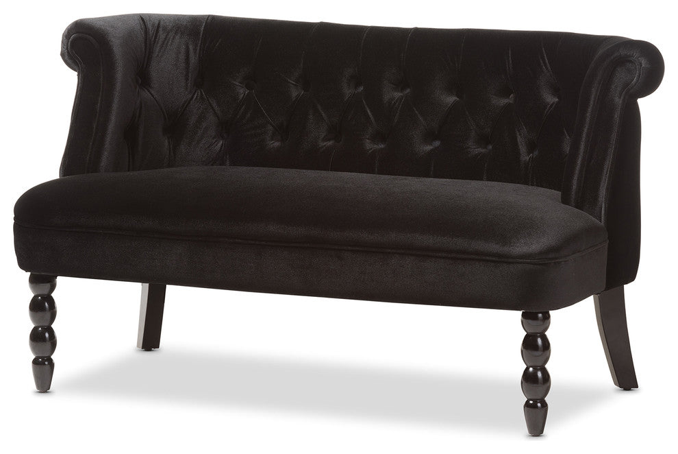 Flax Victorian Style Black Velvet Fabric Upholstered 2-seater Loveseat